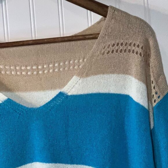 Striped Sweater Womens Large Blue And White Cottage Core Loose Casual Knit Top - Picture 6 of 12